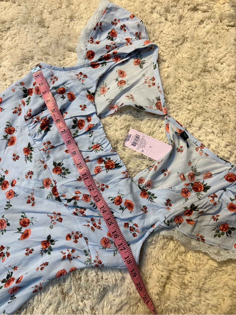 Cottagecore Light Blue Floral Maxi Dress Lace Trim Short Sleeves - Picture 5 of 5